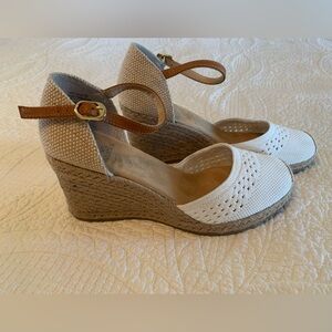 White Mountain White and Tan Espadrille Ankle-Strap Wedges